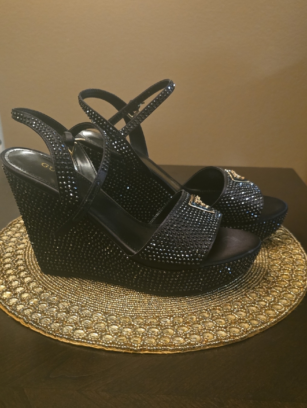 GUESS Black Crystal Embellished Wedge Sandals
